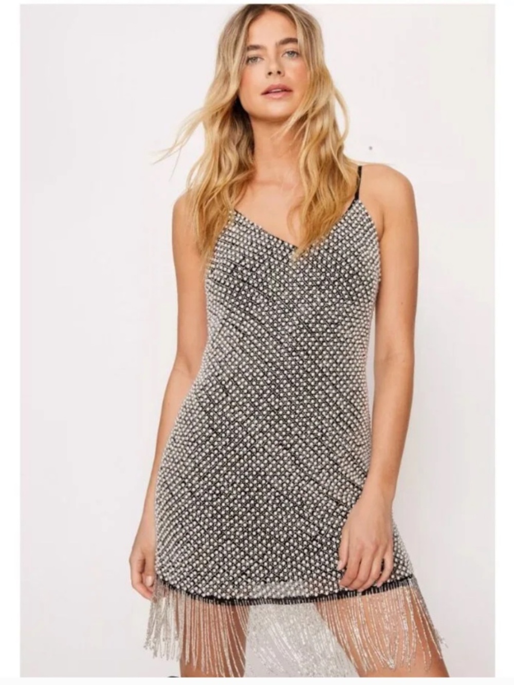 Nasty Gal Pearl Beaded Rhinestone Fringe Mini Dress US 10 NWT